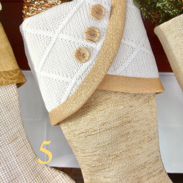 Gold and White Beautiful Textural Christmas Stockings — Designer Christmas Stockings -- JANUARY Shipping Included!