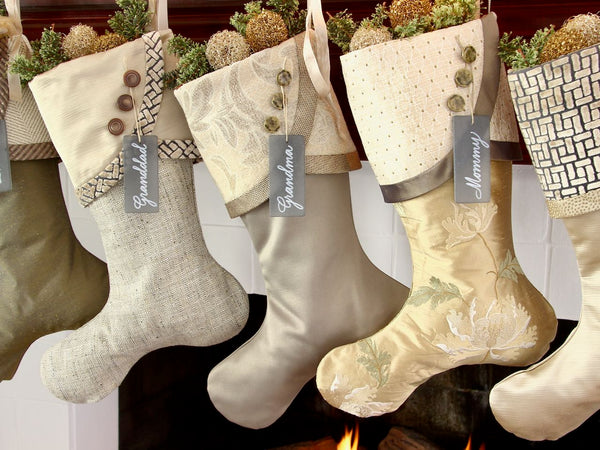 Moss Green, Silver, Gold and Taupe Christmas Stockings — Traditional, Unique, Modern Christmas Stockings -- JANUARY Shipping Included!