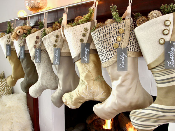 Moss Green, Silver, Gold and Taupe Christmas Stockings — Traditional, Unique, Modern Christmas Stockings --  Shipping Included!