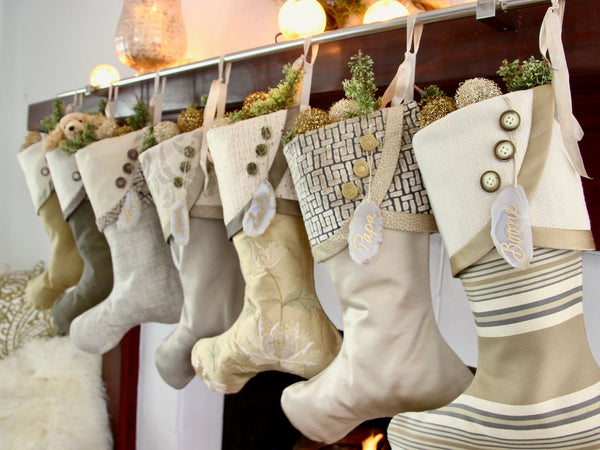 Moss Green, Silver, Gold and Taupe Christmas Stockings — Traditional, Unique, Modern Christmas Stockings --  Shipping Included!