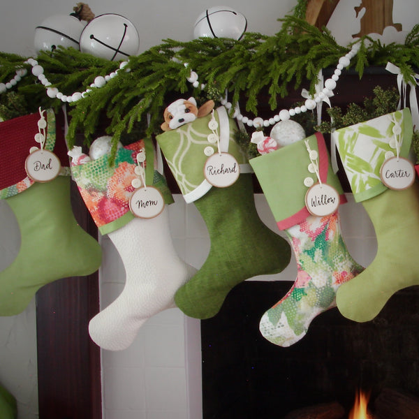 Festive Christmas Stockings With a Tropical Flair -- Vibrant Greens and Raspberry Reds -- Shipping Included