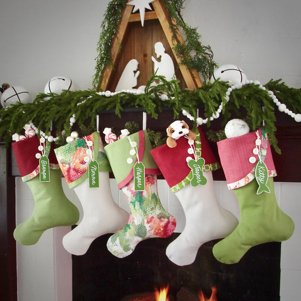 Festive Christmas Stockings With a Tropical Flair -- Vibrant Greens and Raspberry Reds -- Shipping Included